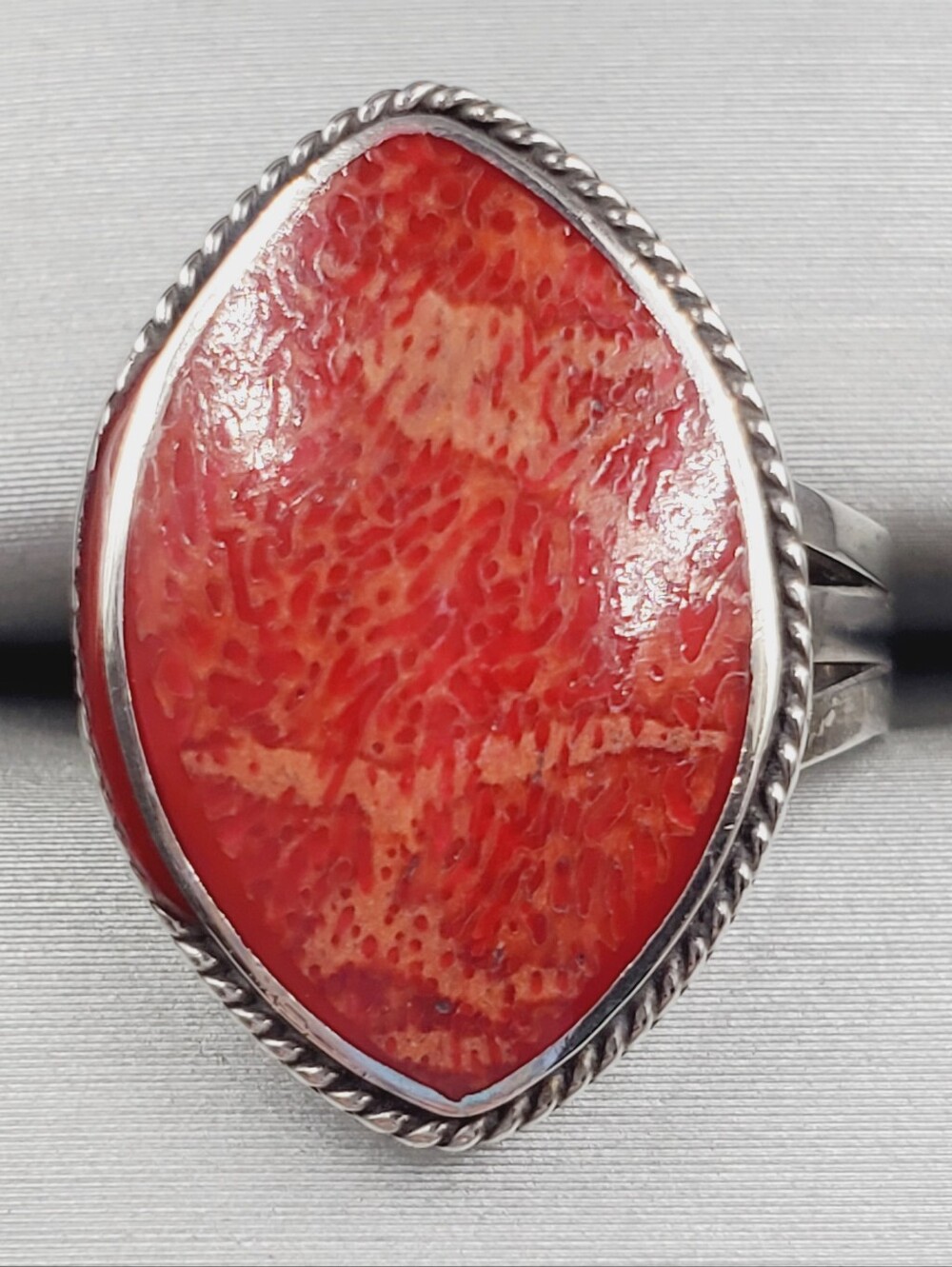 Red Coral Marquise Rope Halo Ring - 925 Sterling Silver